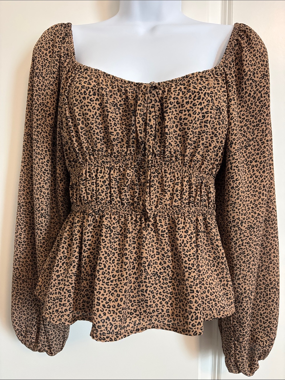 Le Lis Leopard Print Peplum Long-Sleeve Top - Brown size S